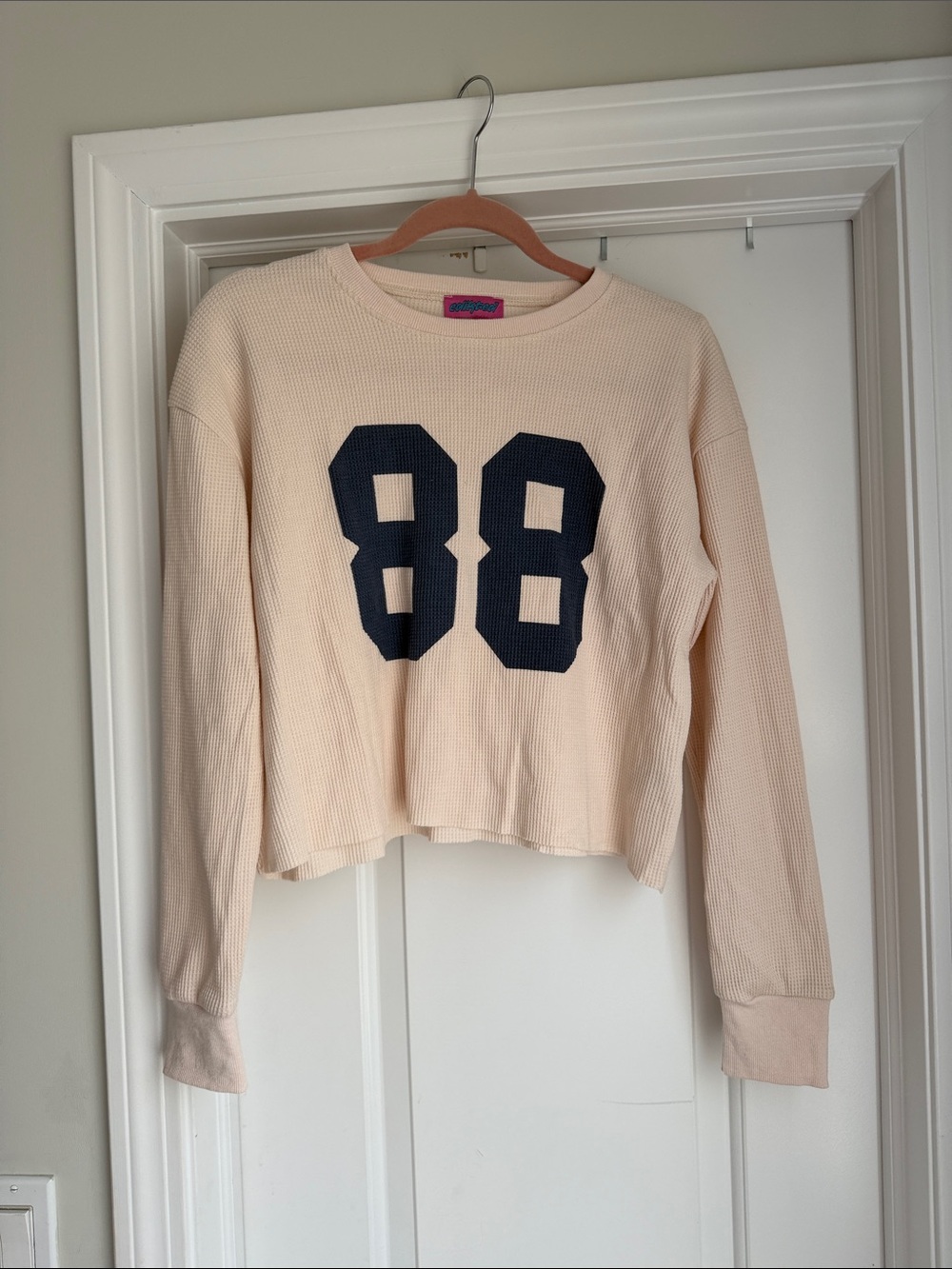 Edikted Cream Waffle-Knit Cropped Sweatshirt with Navy '88'